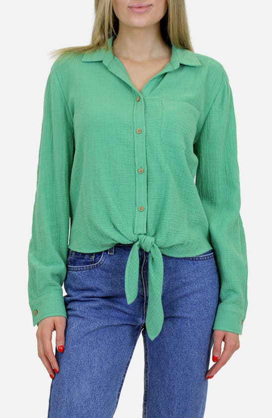 Beachlunchlounge Long Sleeve Tie Hem Cotton Gauze Button-up Shirt In Green Mint