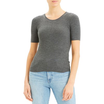 Theory Regal Moving Ribbed Short Sleeve Wool Sweater, Size Petite - Grey