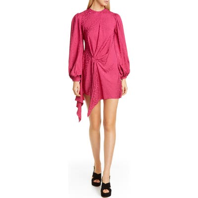 Johanna Ortiz Side Drape Leopard Jacquard Long Sleeve Minidress, Pink