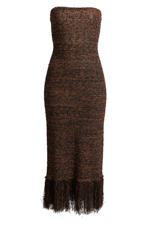 Frame Strapless Fringed Bouclé Midi Dress In Espresso Multi