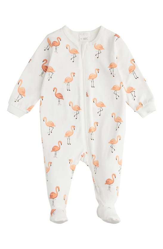 Shop Firsts By Petit Lem Flamingo Print Stretch Organic Cotton Footie Pajamas In Off White