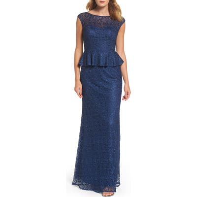 La Femme Embellished Lace Peplum Gown, Blue