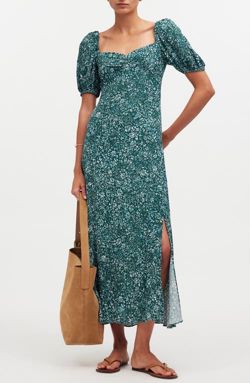Floral Puff Sleeve Sweetheart Midi Dress in Green Ditsy