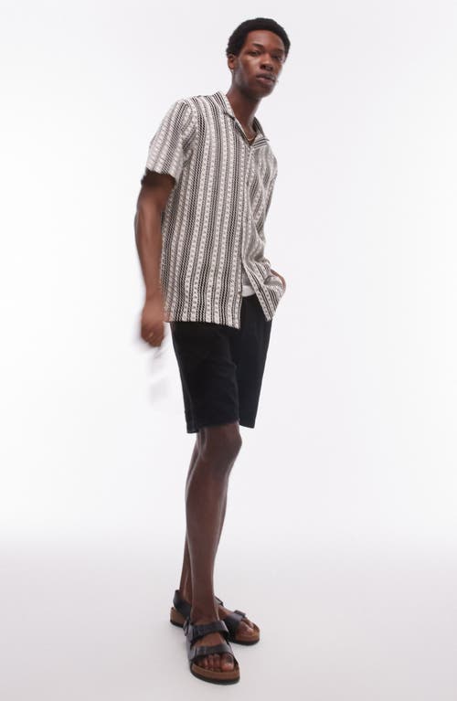 Shop Topman Relaxed Fit Crochet Stripe Camp Shirt In Black