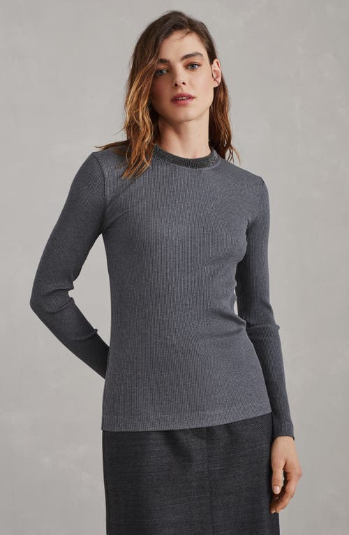 Shop Brunello Cucinelli Comfort Cotton Ribbed Jersey T-shirt With Precious Collar In Dark Grey