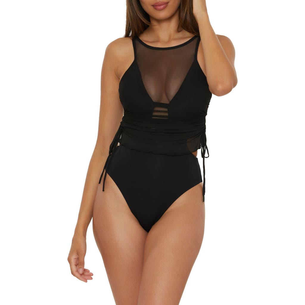 Shop Becca Muse Cinched Mesh One-piece Swimsuit In Black