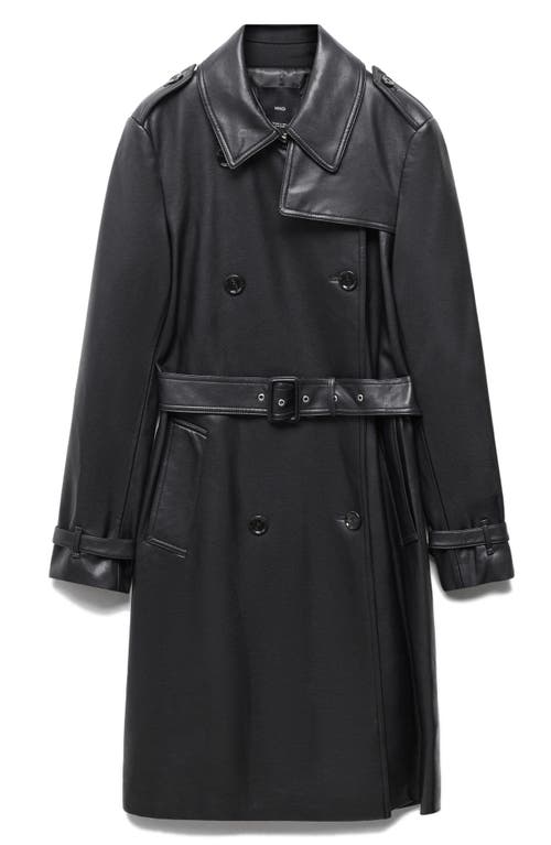 Mango Double Breasted Water Repellent Faux Leather Trench Coat In Black
