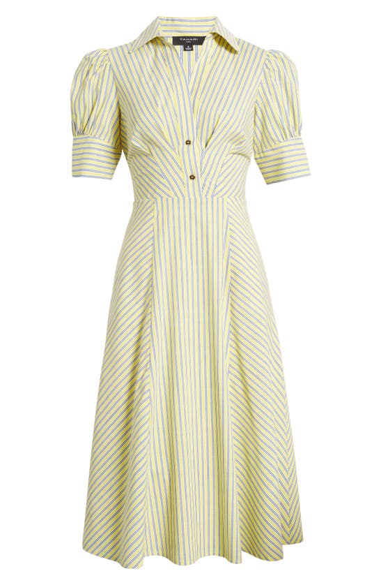 Shop Tahari Asl Directional Stripe Puff Sleeve Shirtdress In Lemonade Blue