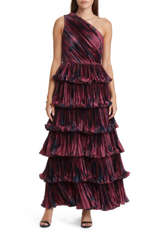 Enza Tiered One-Shoulder Gown in Wine Watercolor Floral