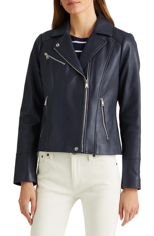 Lauren Ralph Lauren Asymmetric Leather Moto Jacket in Navy