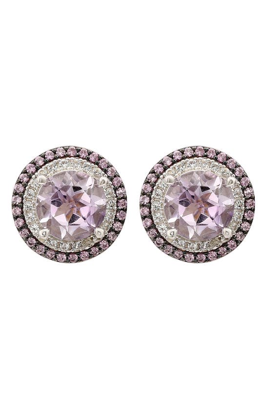 Suzy Levian Semiprecious Stone Double Halo Stud Earrings In Pink
