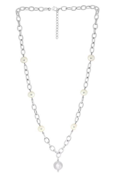 Sterling Silver 9–10mm Freshwater Pearl Station Necklace