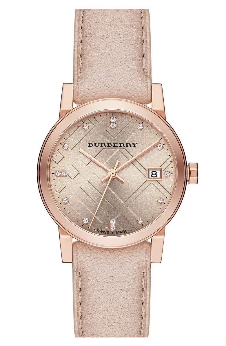 Burberry Round Diamond Dial Leather Strap Watch, 34mm | Nordstrom
