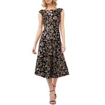 Kay Unger Alessia Sequin & Velvet Fit & Flare Midi Dress, Black
