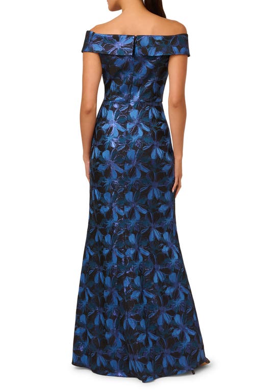 Shop Adrianna Papell Metallic Floral Jacquard Off The Shoulder Gown In Blue Multi