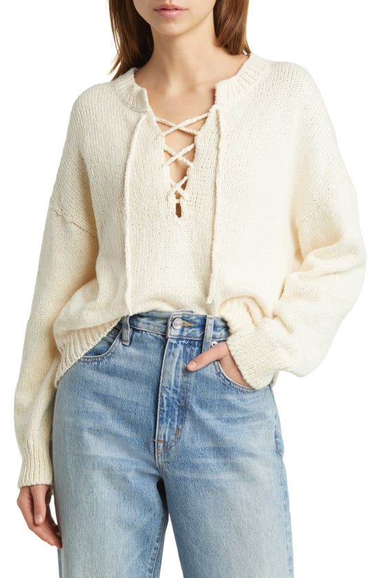 Shop The Great The Lace-up Cotton Sweater In Bone