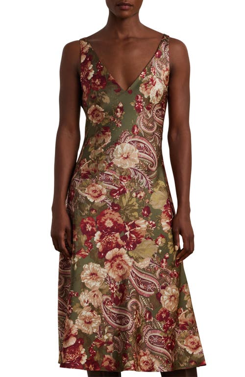 Shop Lauren Ralph Lauren Floral Sleeveless Charmeuse Dress In Olive Multi