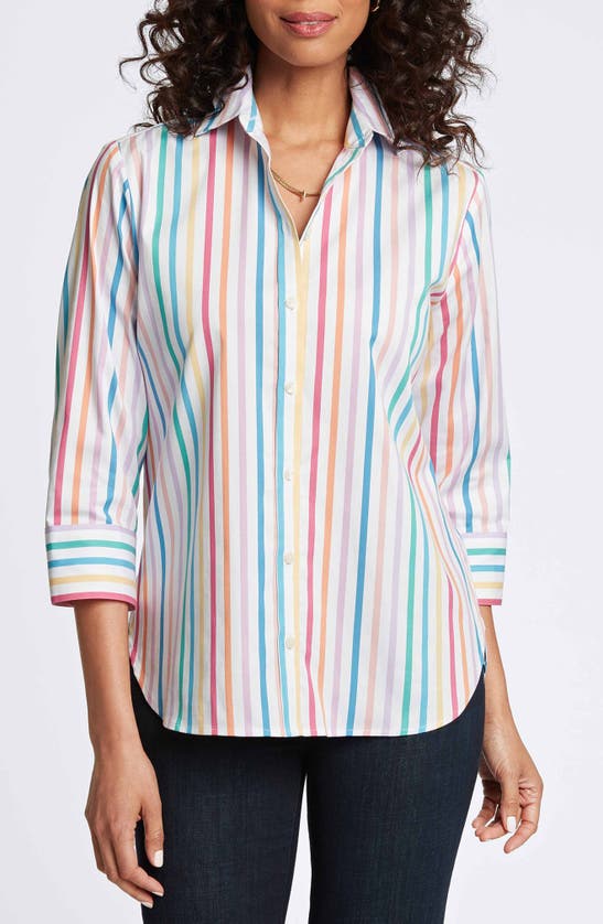 Shop Foxcroft Meghan Rainbow Stripe Button-up Shirt In White Multi Stripe