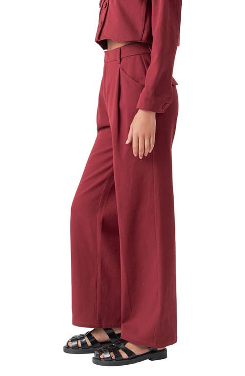 Shop English Factory Pleated High Waist Cotton Wide Leg Pants In Burgundy