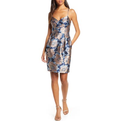 Eliza J Metallic Floral Jacquard Cocktail Dress, Blue
