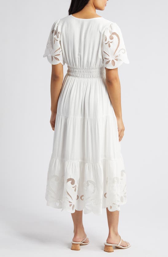 Shop Zoe And Claire Lace Detail Tiered Midi Dress In White