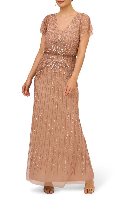 Adrianna Papell Sequin Beaded Mesh Gown Rose Gold at Nordstrom,