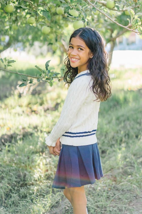 Hope & Henry Baby Girls' Ruffle Cuff Cricket Sweater, Infant In Soft White Cable With Navy