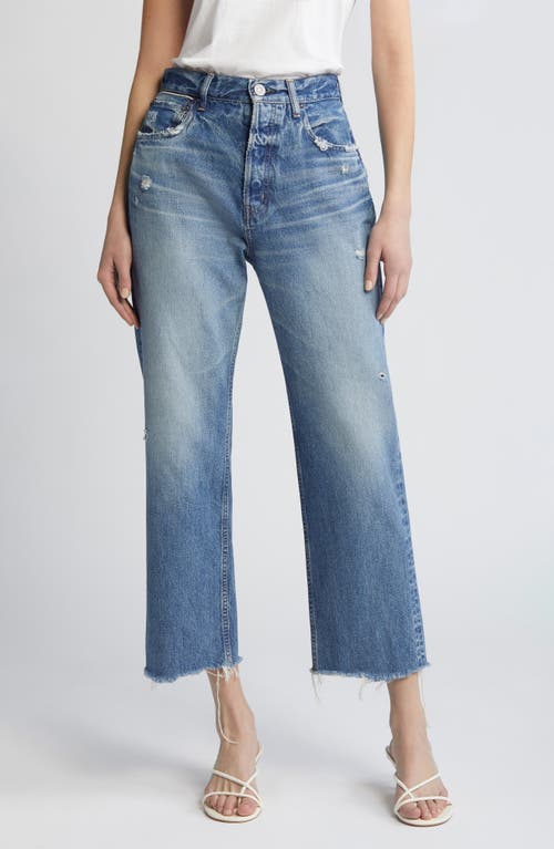 Peccole Frayed High Waist Ankle Relaxed Straight Leg Jeans in Dark Blue
