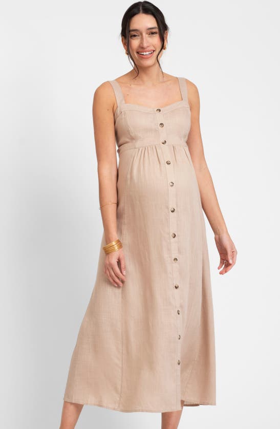 Shop Seraphine Button Front Maternity/nursing Midi Sundress In Taupe