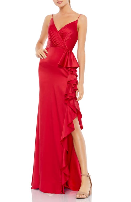 Ieena for Mac Duggal Ruffle Satin Trumpet Gown in Red