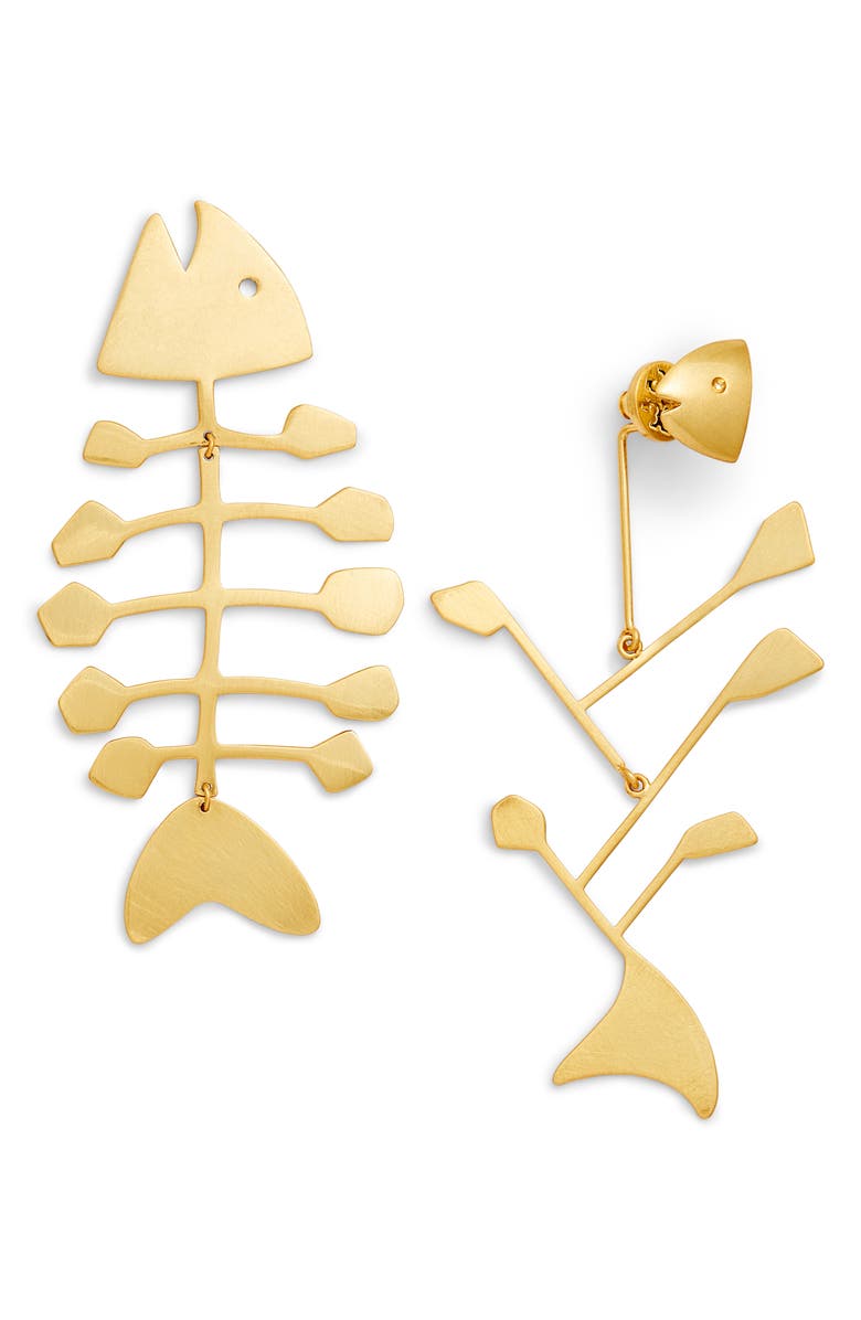 TORY BURCH Fish Mismatch Drop Earrings, Main, color, BRASS