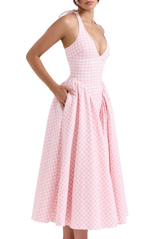 Shop House Of Cb Marilyn Gingham Halter Midi Sundress In Rose Shadow