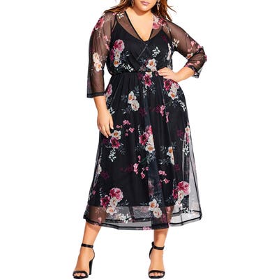 Plus Size City Chic Sheer Floral Midi Dress, Black