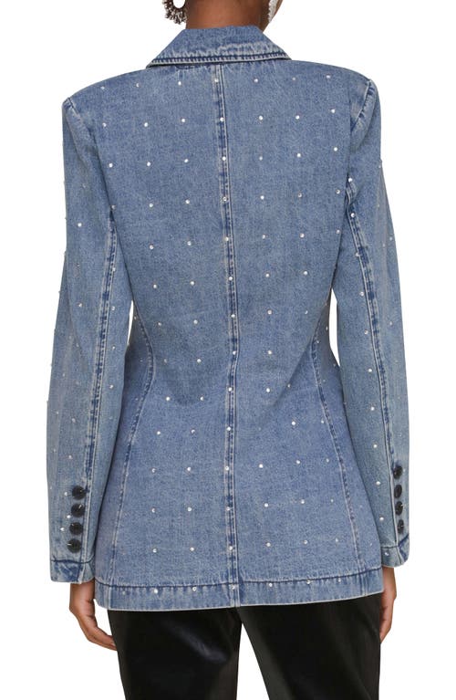 Avec Les Filles Double Breasted Denim Blazer In Med Blue With Rhinestones