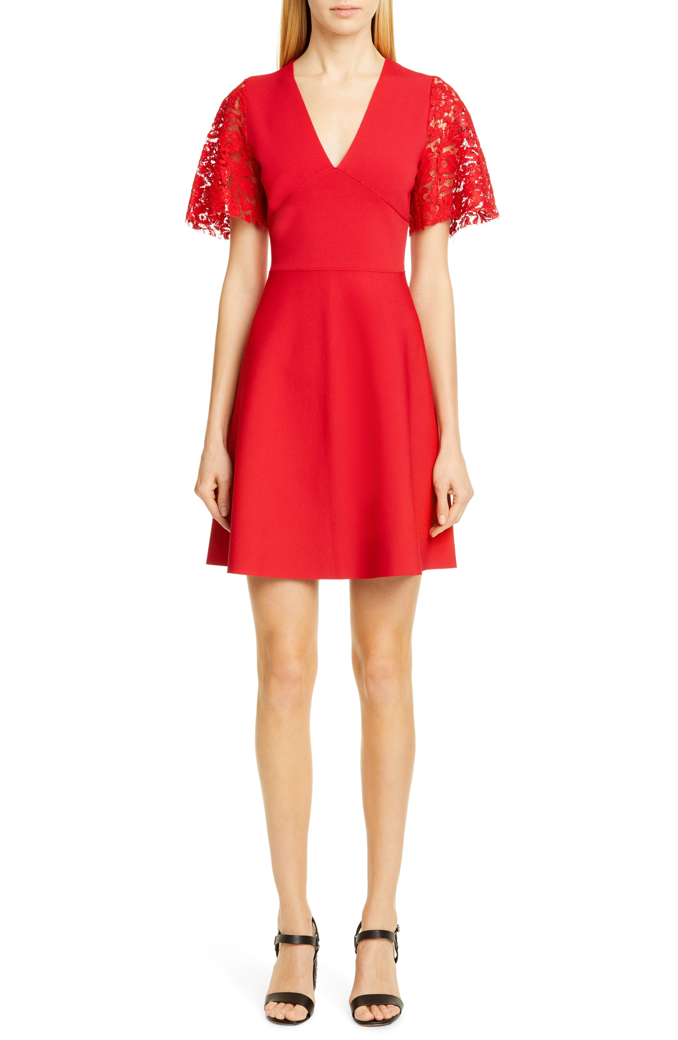 Valentino Lace Flutter Sleeve Sweater Dress, Red