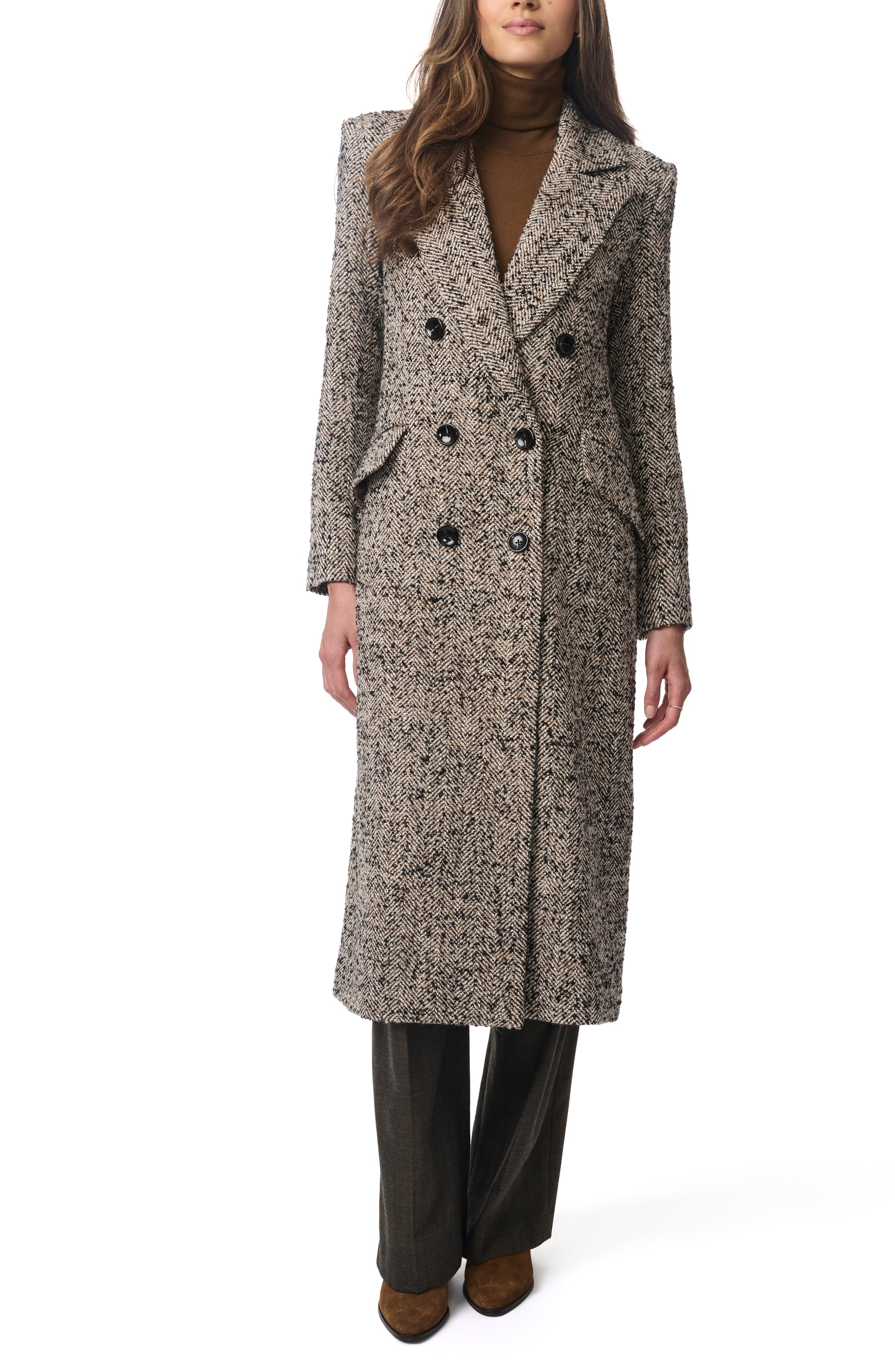 Bernardo Herringbone Double Breasted Long Coat in Brown Herringbone 