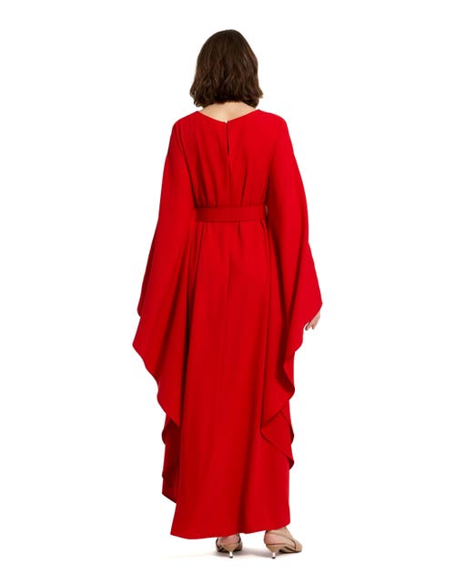 Mac Duggal Crepe Boat Neck Shawl Gown With Belt In Cherry