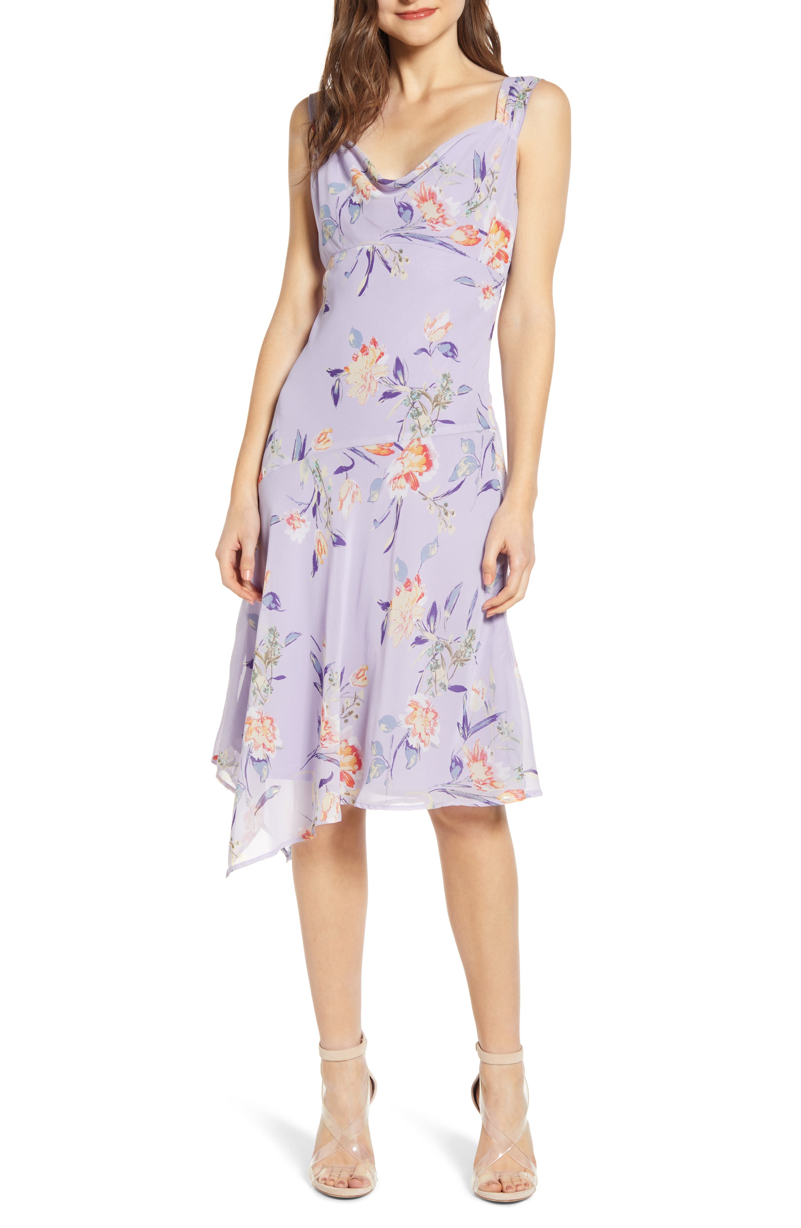 Leith Floral Asymmetrical Cowl Neck Dress