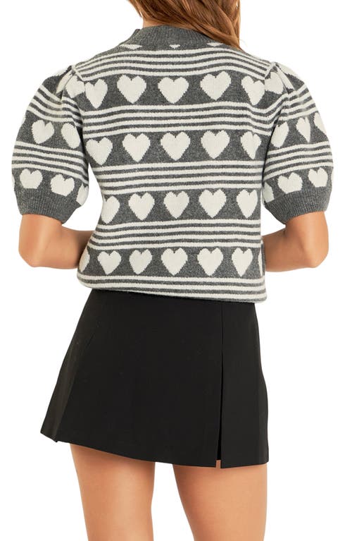 Shop English Factory Heart Stripe Puff Sleeve Sweater In Charcoal/white