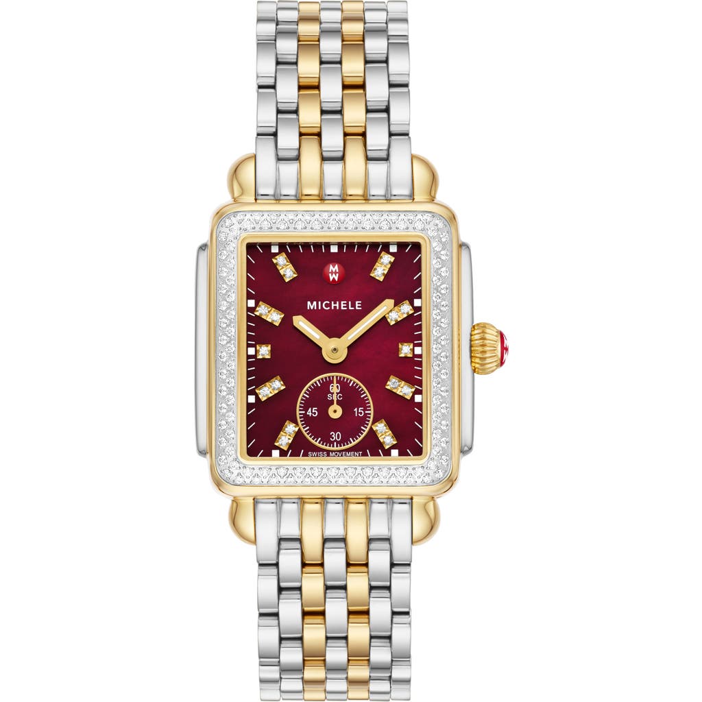 Michele Deco Mid Diamond Two-tone Bracelet Watch, 29mm X 31mm In Two-tone/ruby Red