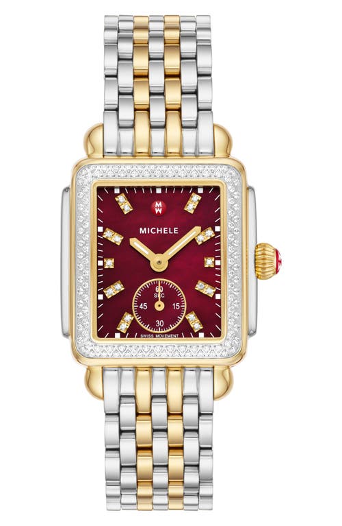 MICHELE Deco Mid Diamond Two-Tone Bracelet Watch, 29mm x 31mm in Two-Tone /Ruby Red at Nordstrom