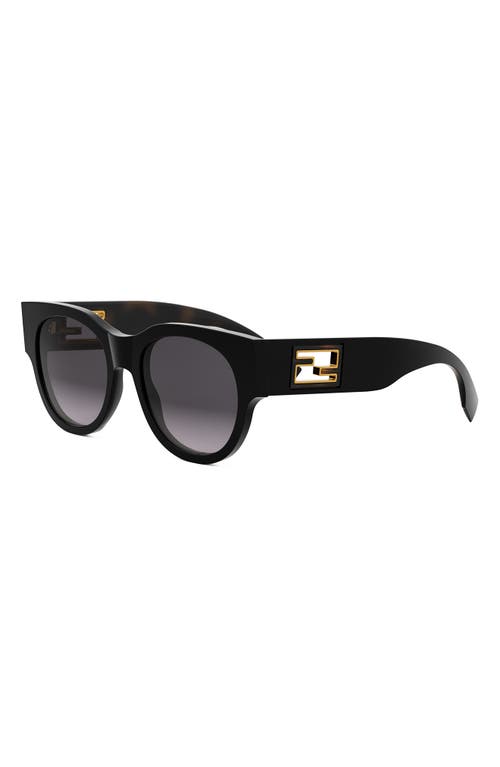 Fendi Baguette Logo Round Acetate & Nylon Sunglasses In Shiny Black/gradient Smoke