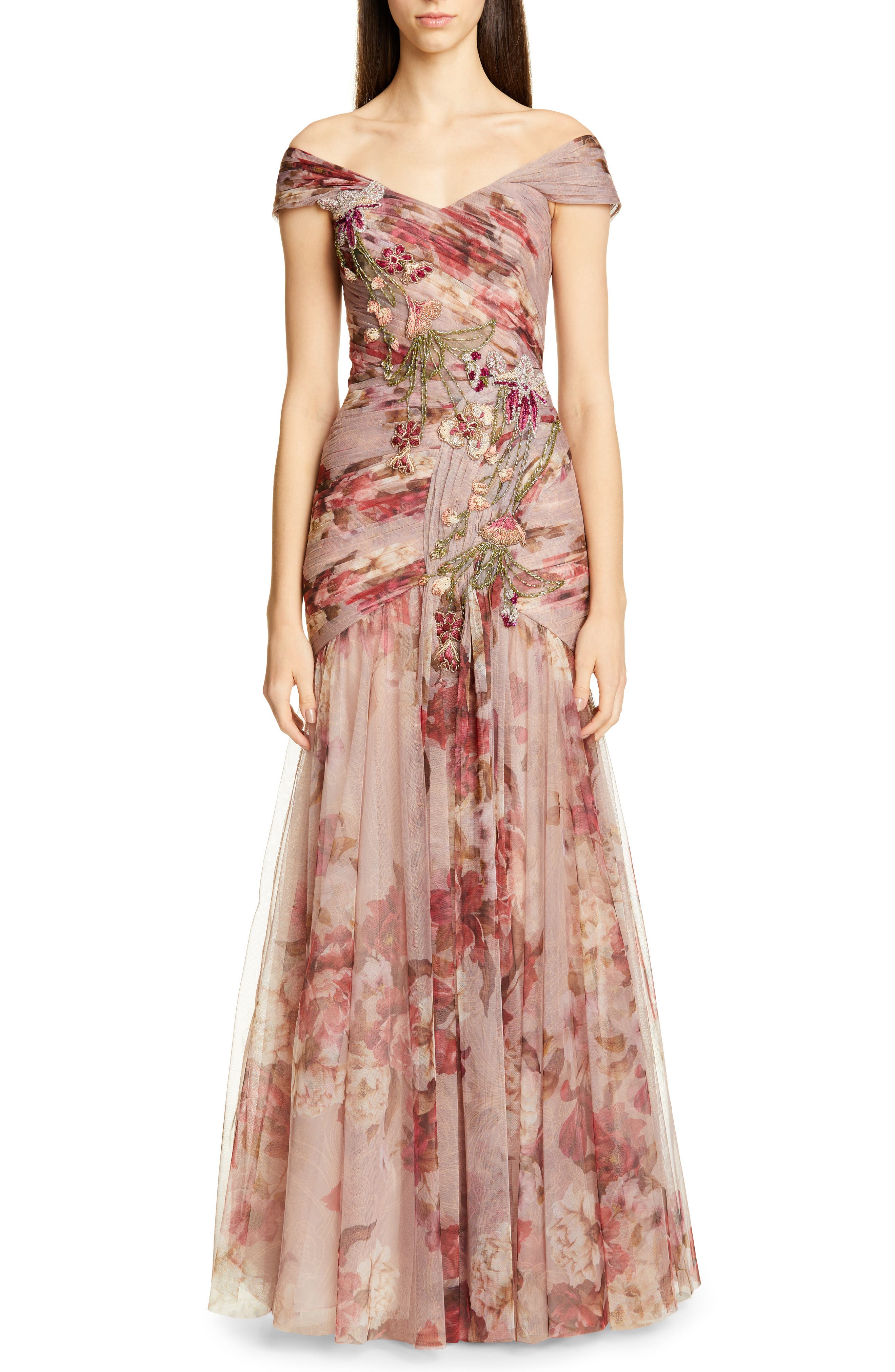 Patbo Bead Embellished Floral Print Off The Shoulder Gown, US / 40 BR - Purple