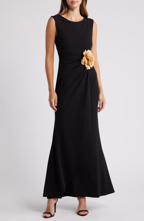 Connected Apparel 3D Flower Scuba Crepe Gown in Black Gold 