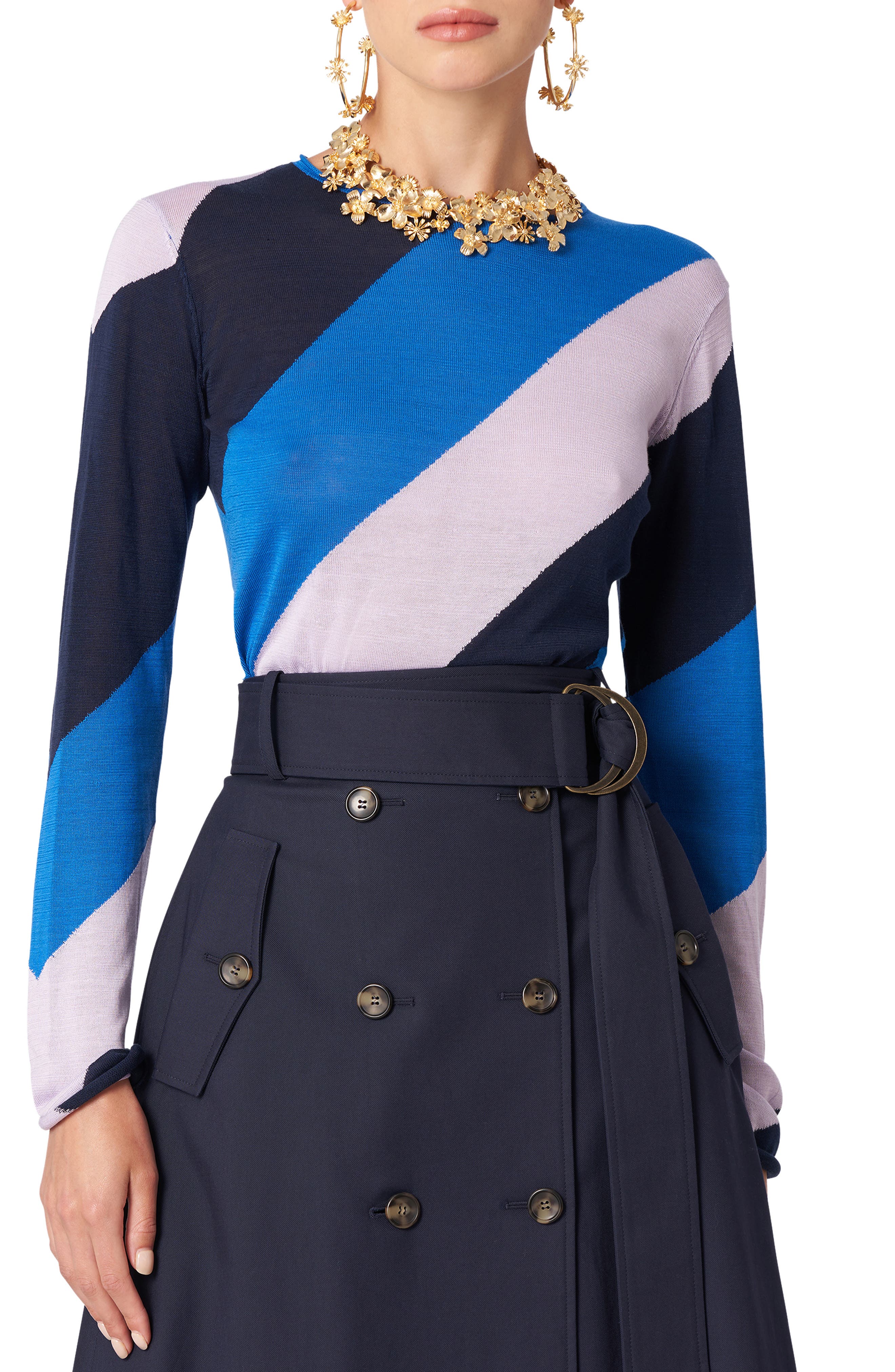 Carolina Herrera Diagonal Stripe Silk & Cotton Sweater in Blue Multi at Nordstrom, Size X-Small
