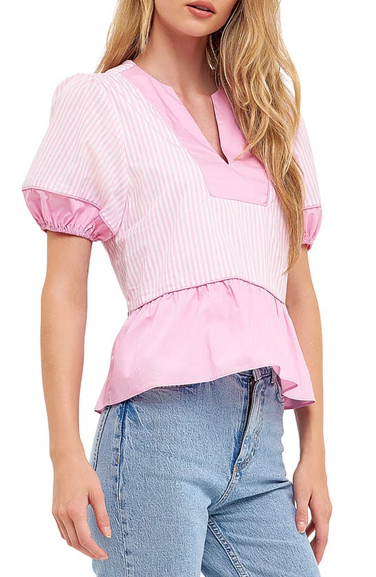 Shop English Factory Contrast Stripe Puff Sleeve Top In Pink Multi