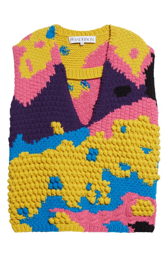 Shop Jw Anderson V-cutout Texture Knit Wool Sweater Vest In Yellow/ Multi