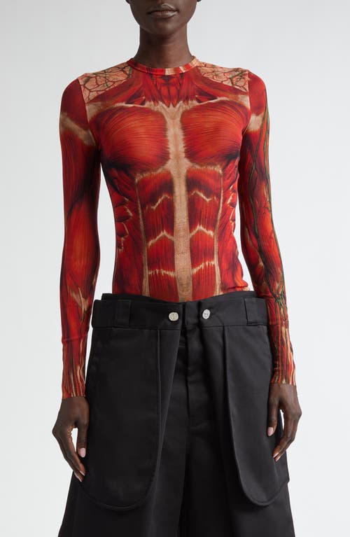 Jean Paul Gaultier Muscle Print Long Sleeve Mesh T-Shirt Red/Orange/Green at Nordstrom,