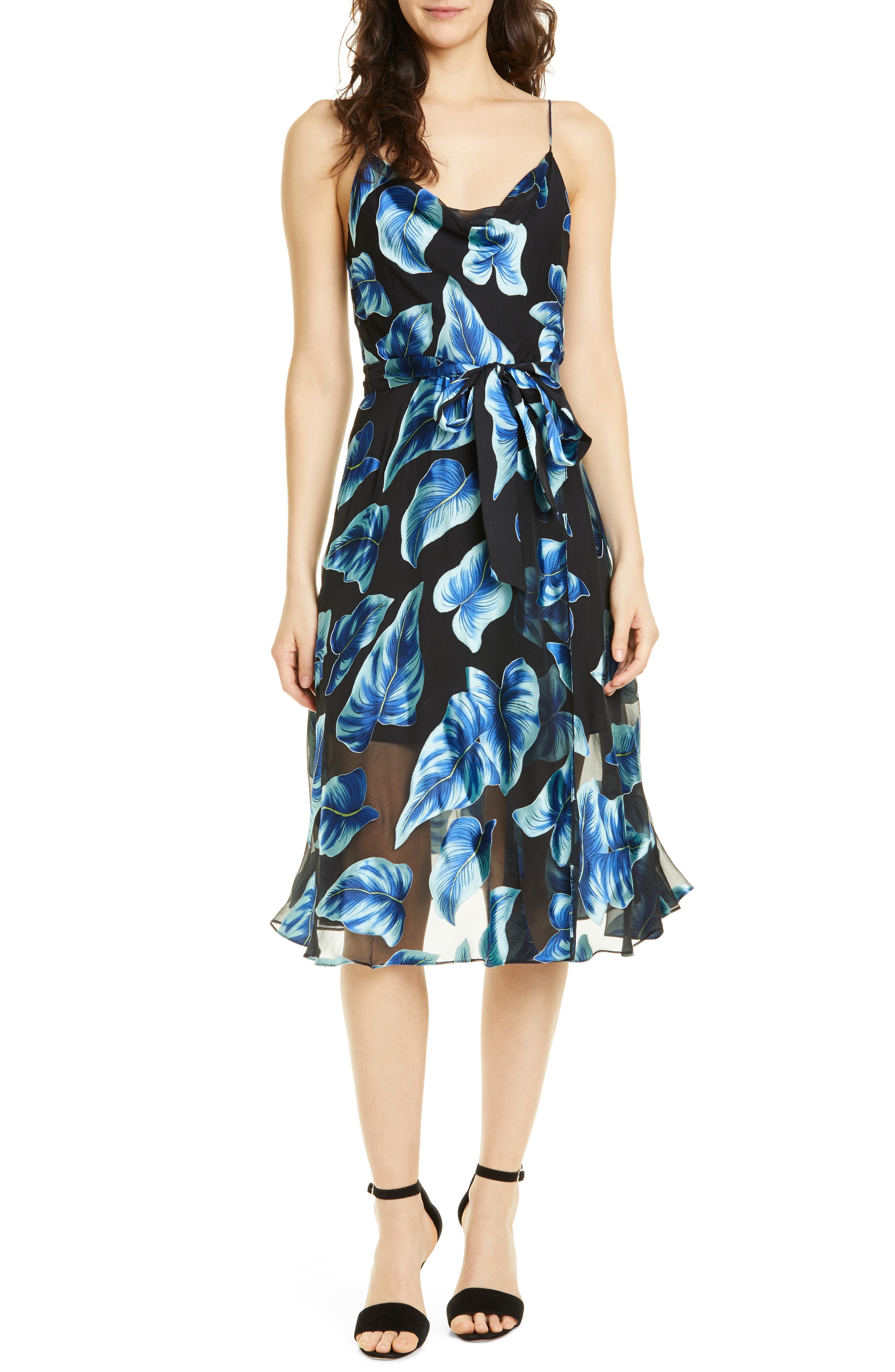 Alice + Olivia Nan Floral Drape Detail Midi Dress, Blue