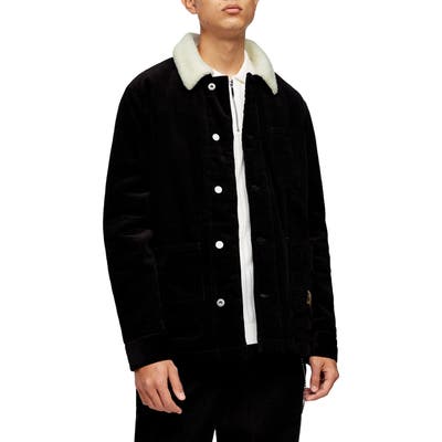 Topman Borg Faux Fleece Lined Corduroy Chore Jacket, Black